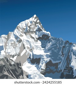 Monte Nuptse ilustración vectorial de la montaña, Nepal Himalayas montañas, Vista desde el monte Kala Patthar
