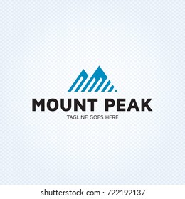 Mount Peak logo design template. Vector high mountain logotype illustration. Graphic geometric rock icon for travel company, extreme sports, expedition. Strip alpine climbing label with snow hill.