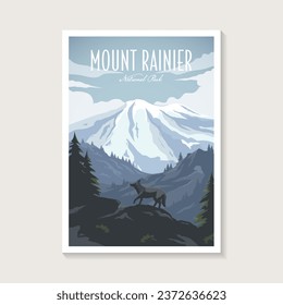 Afiche del Parque Nacional Mount Rainier, diseño de afiche de la cumbre del paisaje montañoso