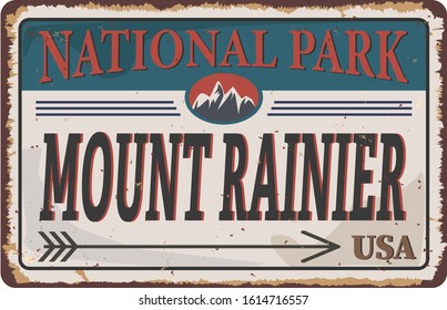 Mount Rainier National Park, USA Outdoor Adventure Rustet Mtal Sign Illustration