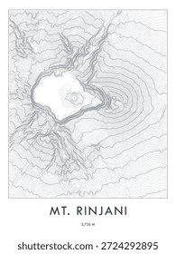 Mount Rinjani mapa topográfico impresso. Linhas de contorno minimalistas arte.