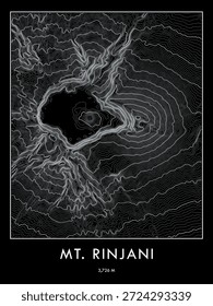 Mapa topográfico do Monte Rinjani impresso em tema escuro. Linhas de contorno minimalistas arte.