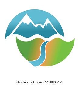 Mount and river logo symbol for  vacation trip and fresh mineral water label