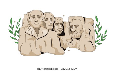 Mount Rushmore national memorial 2D vector illustration. Carved presidential sculptures. USA historic site. American landmark flat object isolated on white background. Colorful cartoon image