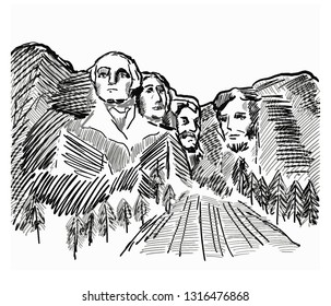 Mount Rushmore National Memorial with american four presidents sculptures. Stone heads of presidents George Washington, Thomas Jefferson, Theodore Roosevelt, Abraham Lincoln. Art for poster,print,card