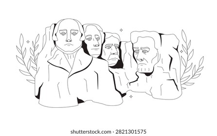 Mount Rushmore national memorial flat line illustration. Carved presidential sculptures. USA historic site. American landmark 2D outline object isolated. Black and white cartoon vector image