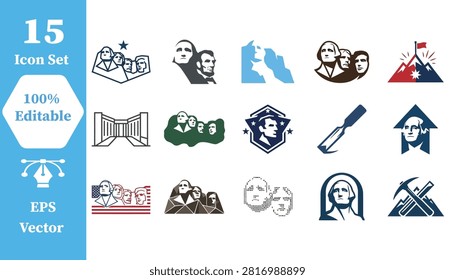 Mount rushmore national memorial icon set with rushmore mountain monument