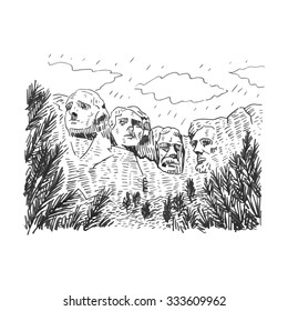 Mount Rushmore National Memorial, South Dakota, USA. Vector hand drawn sketch.