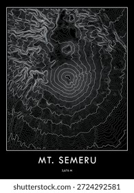Impressão do mapa topográfico de Mount Semeru em tema escuro. Linhas de contorno minimalistas arte.