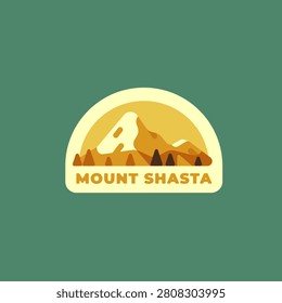 Mount Shasta California sticker vector. Retro travel badge with snow mountain peak, volcano landscape and trees, landmark flat illustration isolated on green background.