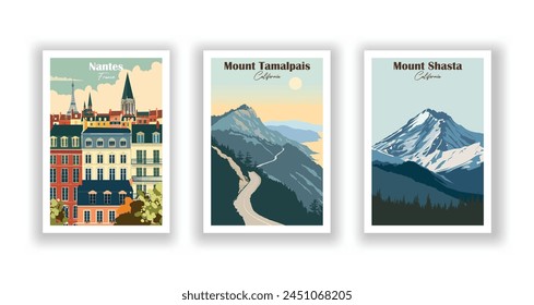 Mount Shasta, California, Mount Tamalpais, California, Nantes, France - Vintage travel poster. Vector illustration. High quality prints