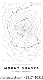 Mount Shasta topographic contour map, black lines on white, editable vector