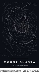 Mount Shasta topographic contour map, white lines on black, editable dark mode vector