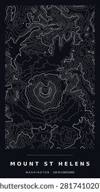 Mount St Helens topographic contour map, white lines on black, editable dark mode vector