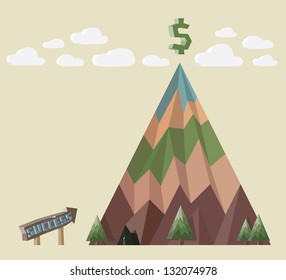 Mount Success with dollar sign on top. Concept for difficult way to business success.