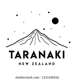Mount Taranaki. Vector black and white illustration of volcano in New Zealand. Print design. Travel and tourism. Nature