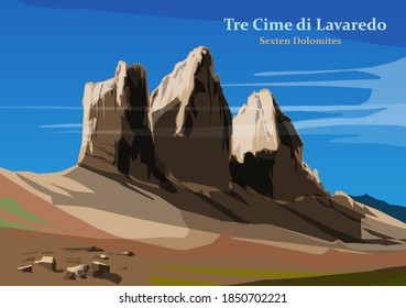 Monte Three Peaks (Tre Cime di Lavaredo) - picos en los Dolomitas del noreste de Italia. Fondo de aventura de montaña, ilustración vectorial