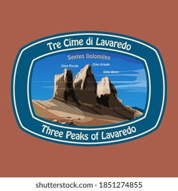 Monte Three Peaks (Tre Cime di Lavaredo) - picos en los Dolomitas del noreste de Italia. Fondo de aventura de montaña, ilustración vectorial