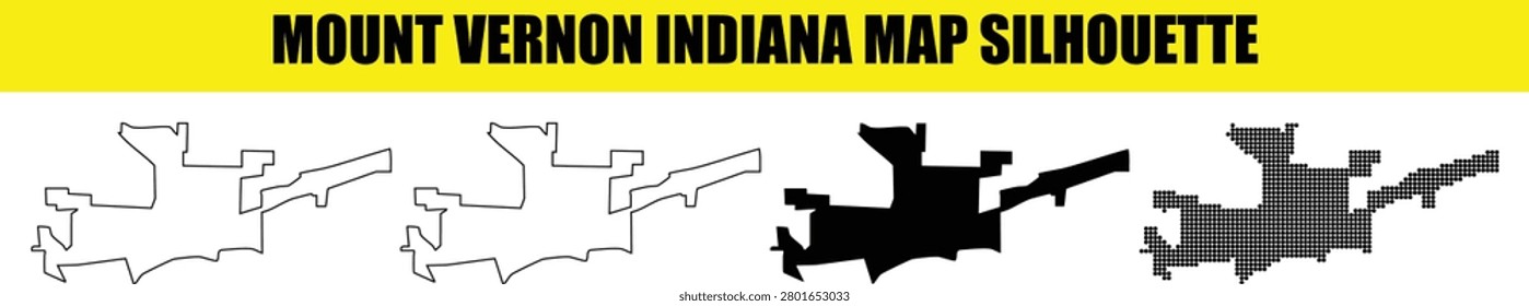 Mount Vernon Indiana map silhouette visuals. Available in white, black, outline, and dot pattern styles on transparent and checkered backgrounds.