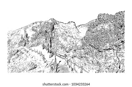 Mount Vesuvius Stratovolcano in Italy. Hand drawn sketch illustration in vector.