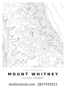 Mount Whitney topographic contour map, black lines on white, editable vector