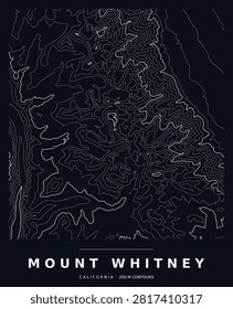 Mount Whitney topographic contour map, white lines on black, editable dark mode vector