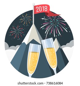 mountain with 2018 flag, fireworks and champagner glasses symbol flat design