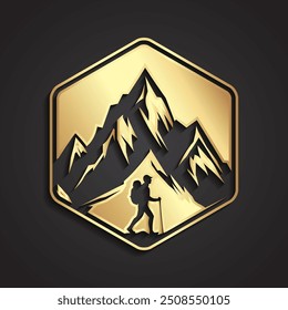 mountain 3d shiny gold hexagon logo design with hiker