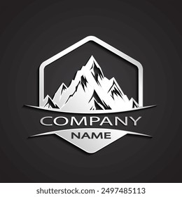 mountain 3d shiny silver hexagon logo design