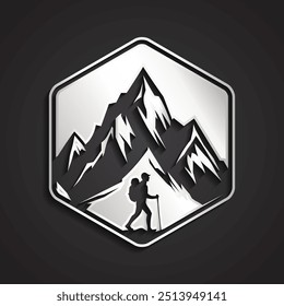 Montaña 3D brillante diseño de logotipo hexagonal de plata con senderista