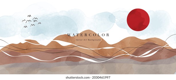 Mountain abstract art watercolor painting background vector. Landscape wallpaper, Wall art  for home decoration. 