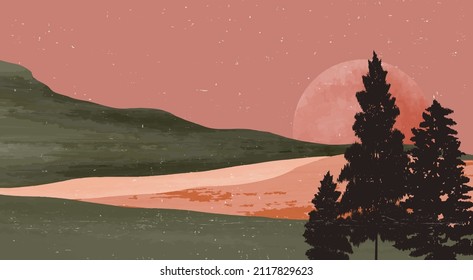 Mountain Abstract Backgrounds Art Print. Creative Minimalist Hand Painted Illustrations Of Mid Century Modern Landscape Wall Art. Vector Illustration