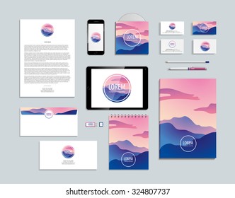 Mountain abstract geometrical Identity and logotype mockup, notebook, touchpad, smartphone, a4, folder, paper, blank, corporate, envelope, document, tablet. Blue and pink colors. Winter sunrise.