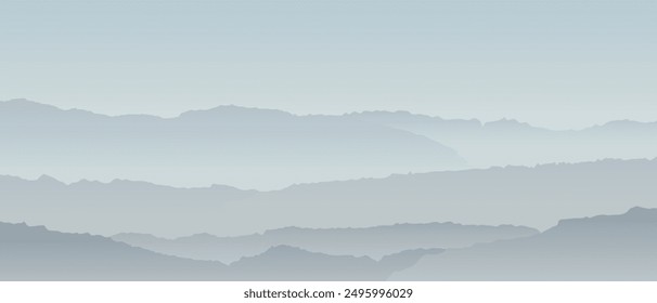 Mountain abstract graphic background. Minimal gray hills landscape vector illustration. Serene landscape of layered mountains in shades of grey blue fading into distance under clear sky.