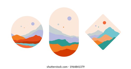 Mountain. Abstract landscape mountain, sky, sunset view. Set of minimalist style landscape view, mountain, hill, sun. Abstract style landscape, contemporary art print. Vector Illustrations