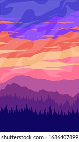 Mountain abstract landscape at sunset. Forest in the hills. Vertical flat vector illustration.