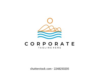 Mountain abstract logo with waves in line art design style
