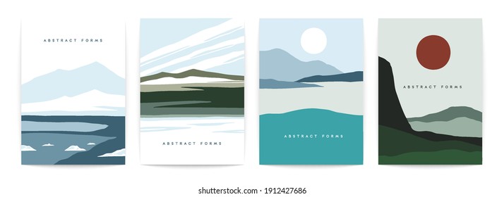 Mountain abstract posters. Minimalist contemporary A4 banners with cold Scandinavian landscapes. Vector set