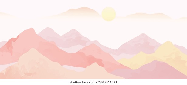 Fondo vector abstracto de montaña. Arte paisajístico mínimo con pincel acuarela y textura, montañas y sol. Papel pintado de color rosa abstracto para impresiones, obras de arte, artes murales e impresiones de lienzos.	