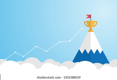 Mountain achievement on blue background with business graph. 
Concept of achieving goals. 
The path to success. Vector illustration in flat design. Copy-space for text.