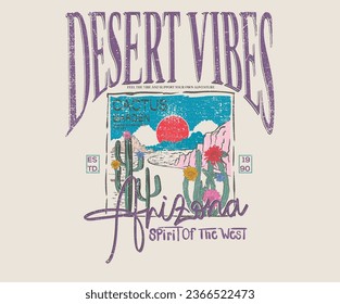 Mountain adventure artwork. Arizona graphic print design. Sunrise desert vibes t-shirt design. Vintage vector artwork for apparel and others. Cactus with flower artwork.