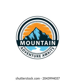 Mountain adventure await logo badge illustration. Vector graphic for outdoor adventure sign symbol.