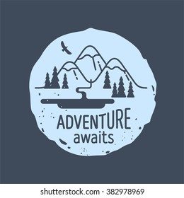 Mountain. Adventure awaits. Element for greeting cards, websites, posters and t-shirts printing. Vector illustration.