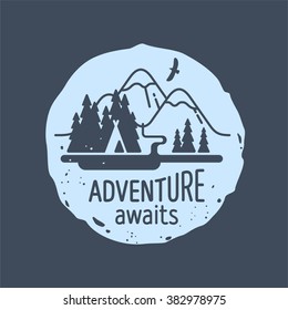 Mountain. Adventure awaits. Element for greeting cards, websites, posters and t-shirts printing. Vector illustration.