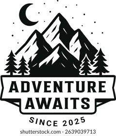 Mountain adventure badge with bold text and forest silhouette outdoor travel emblem with pine trees and moon night scene retro style hiking and camping design for explorers wilderness lovers
