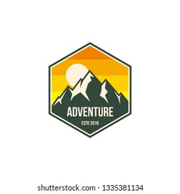 mountain adventure badge, label, emblem or logo design vector template. outdoor activities icon. hiking/climbing icon. 