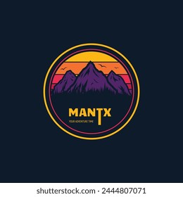 Mountain adventure badge, logo or print for t-shirt design. Travel and camping concept. Text and letters, flying birds, sun and forest on mountain background in retro 80s colors