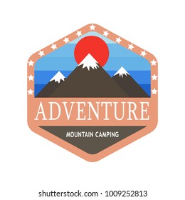 Mountain adventure badge or sign, vector illustration. Camping