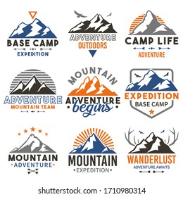 Mountain Adventure badge travel sets. Vector emblem expedition seals. Base camp hill vintage style. Stamp outdoors logo design.