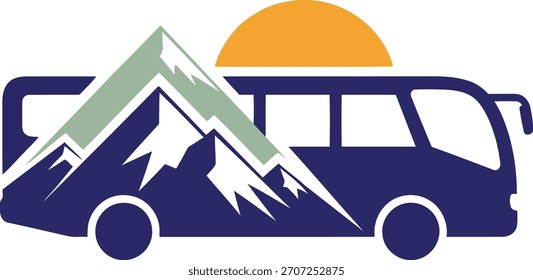 Mountain adventure bus logo with sun, travel, expedition graphic.